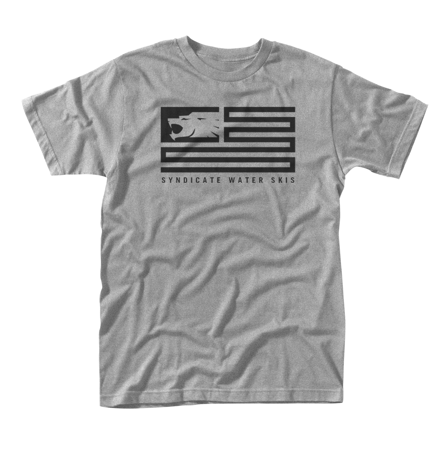 Grey short-sleeve t-shirt with a black Syndicate Water Skis flag logo.