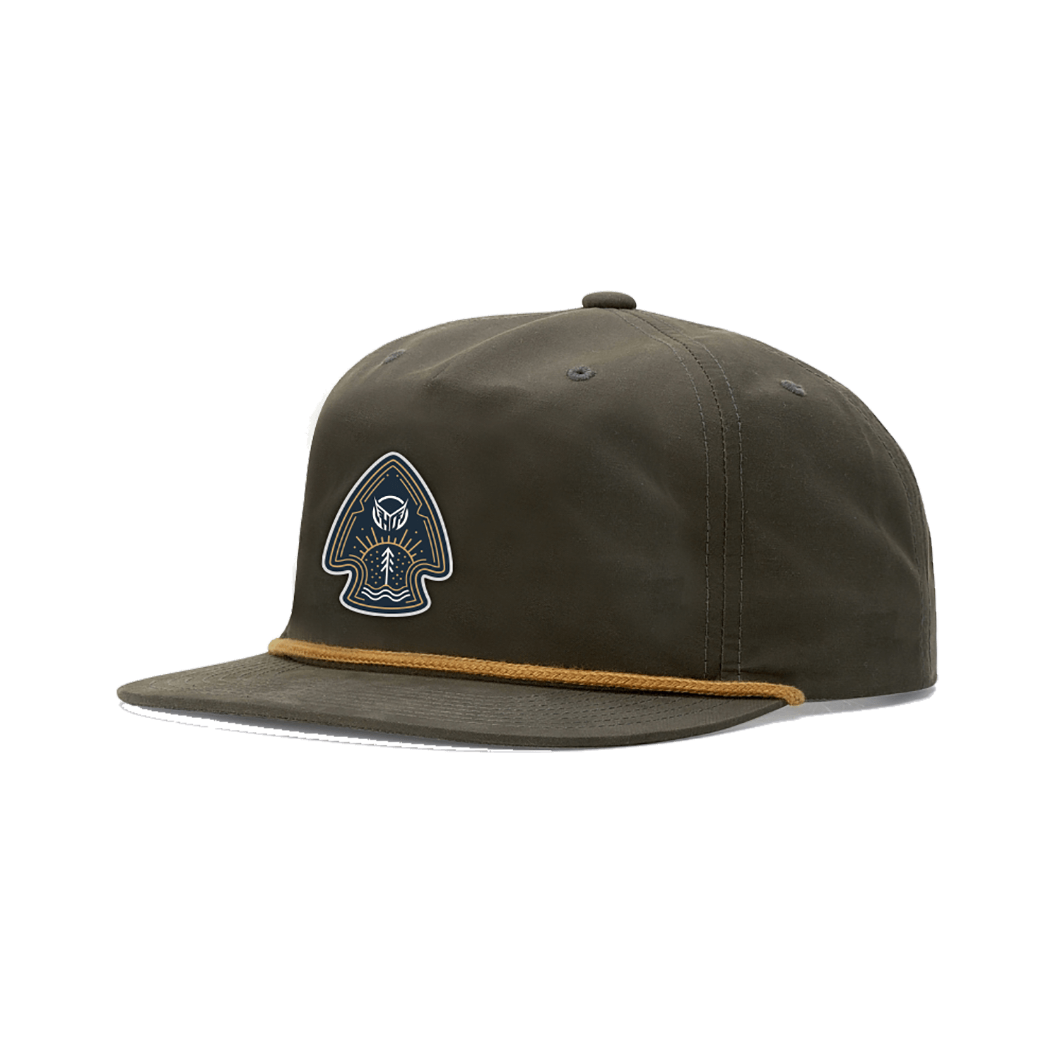 Angled front view of the HO Ranger Hat, an olive-green snapback cap with a patch featuring an outdoor emblem.