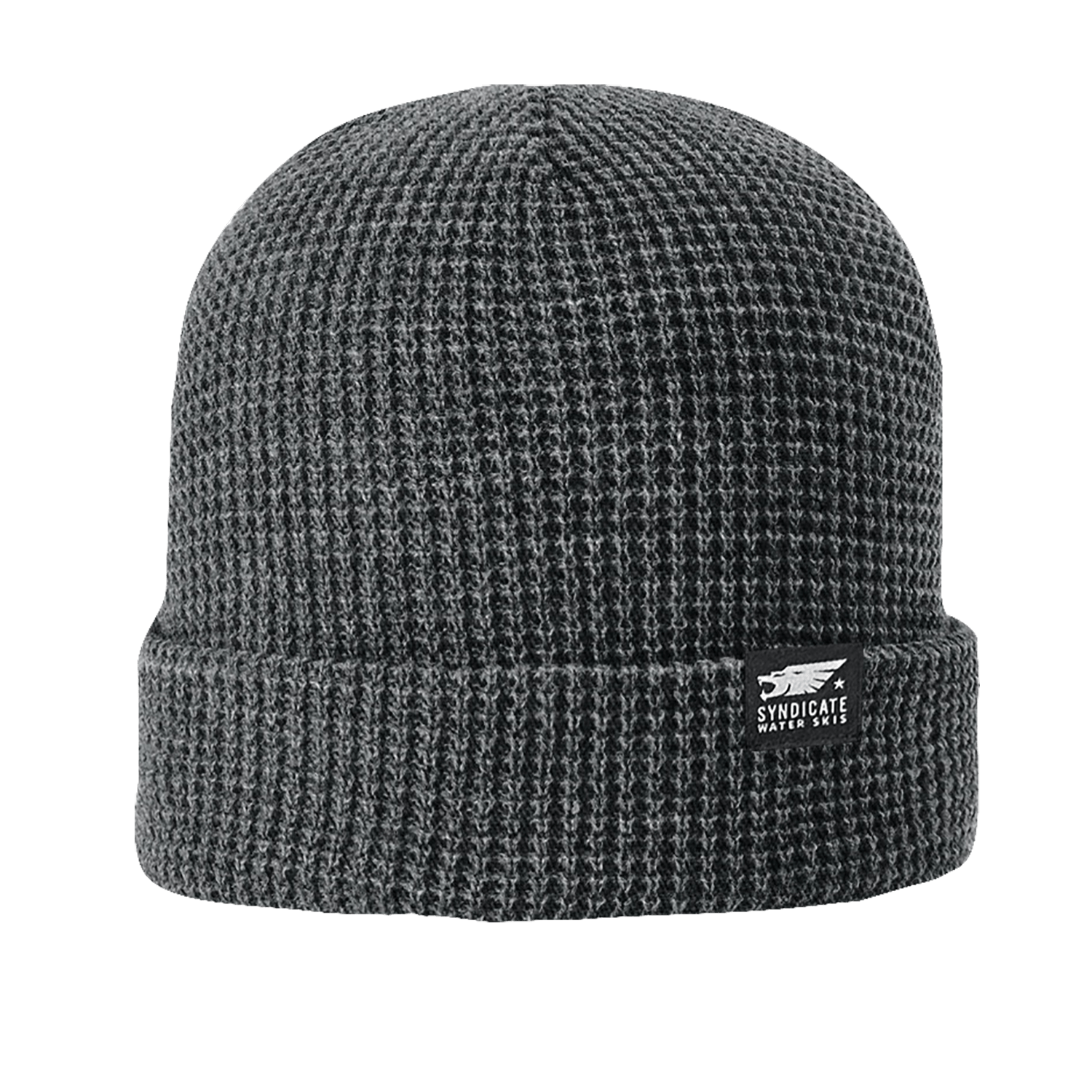 Front view of a heather gray rolled beanie with a waffle-knit texture and a Syndicate Water Skis logo patch.