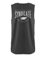 Back view of the Syndicate Seal Tank, a black sleeveless shirt with a large white Syndicate logo and "Who Dares Wins" text.