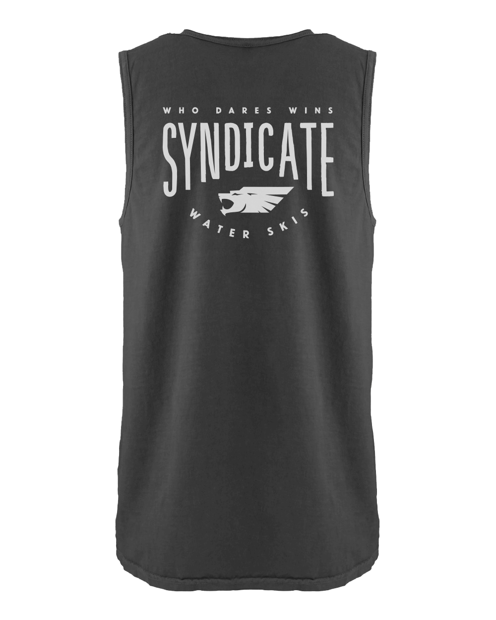 Back view of the Syndicate Seal Tank, a black sleeveless shirt with a large white Syndicate logo and "Who Dares Wins" text.