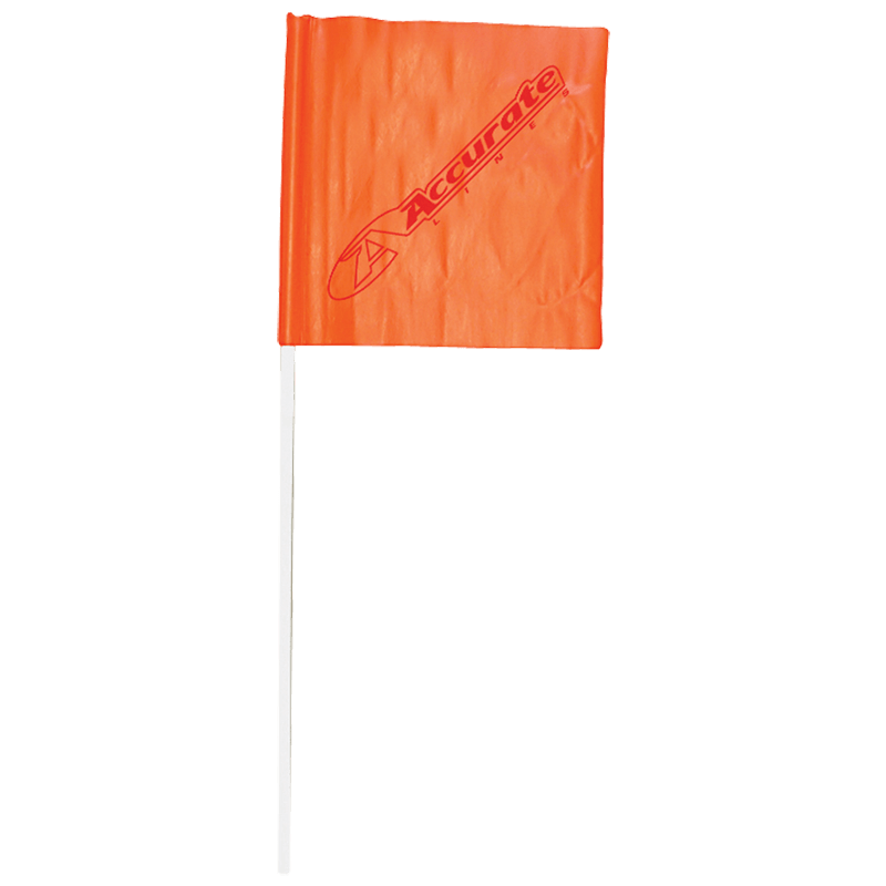 Front view of the Skier Down Flag, a bright orange flag with the "Accurate Line" logo in red, attached to a white pole.