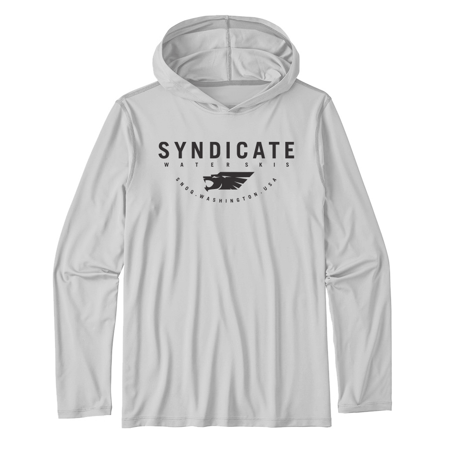 Front view of the Syndicate Sun Shield Hoodie in mist grey, featuring a black logo on the chest and a lightweight hood.