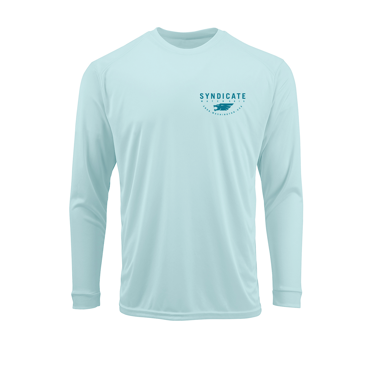 Front view of Syndicate Sun Shield LS Crew in aqua mint with small blue Syndicate logo on the left chest.