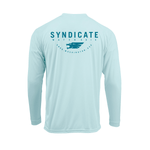 Back view of Syndicate Sun Shield LS Crew in aqua mint with large blue Syndicate logo and text on the back.