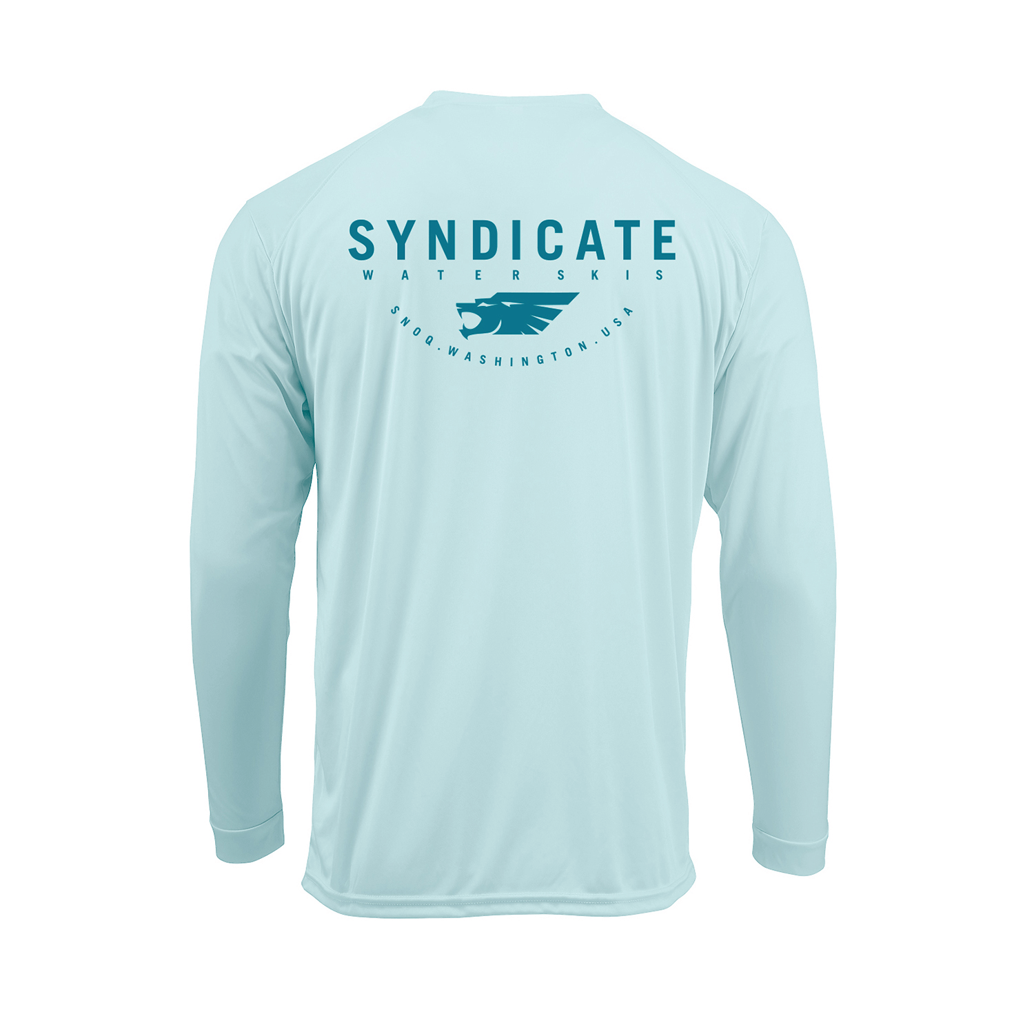 Back view of Syndicate Sun Shield LS Crew in aqua mint with large blue Syndicate logo and text on the back.