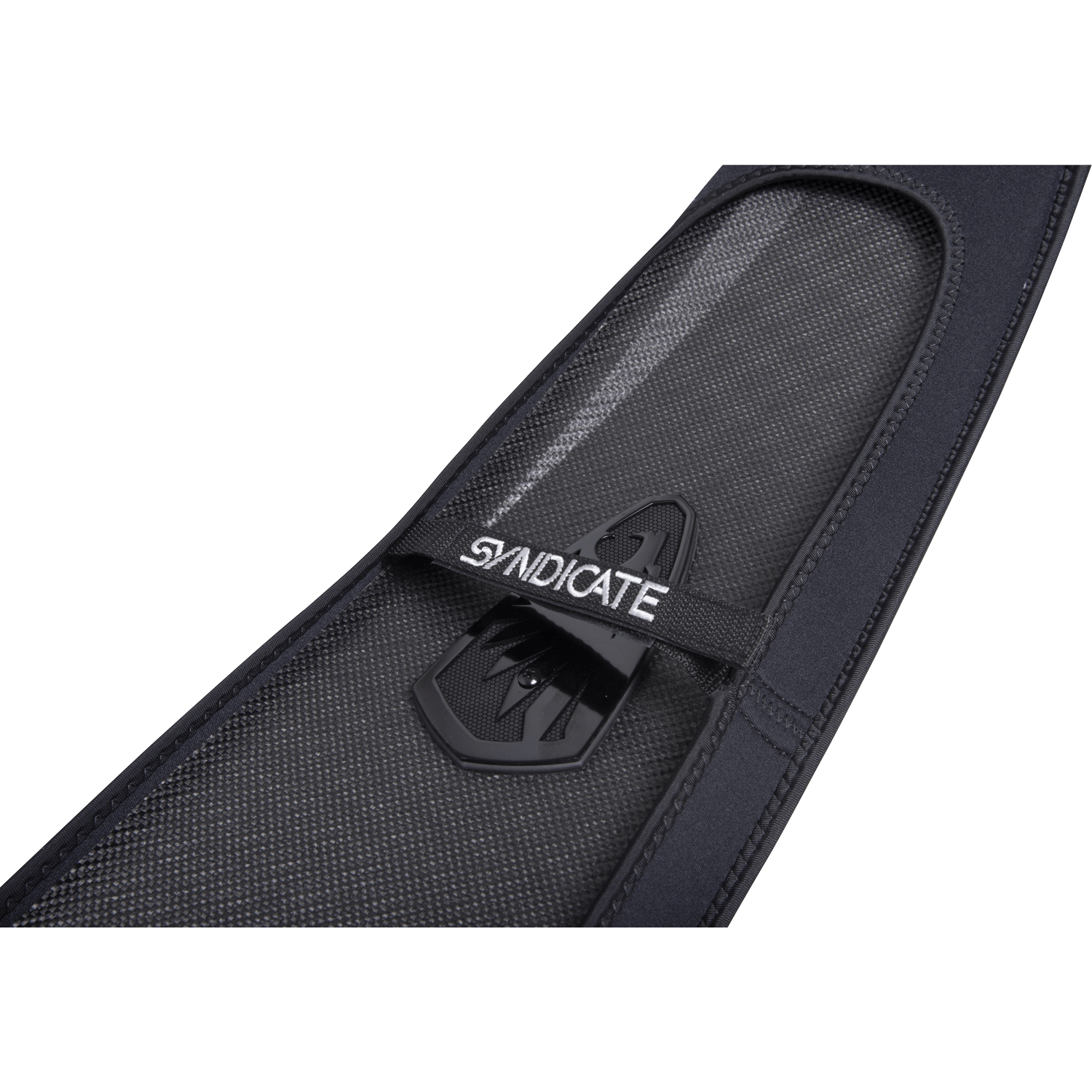 Close-up view of the Syndicate Neo Sleeve with Fin Protector, showing the Syndicate-branded strap securing the fin.