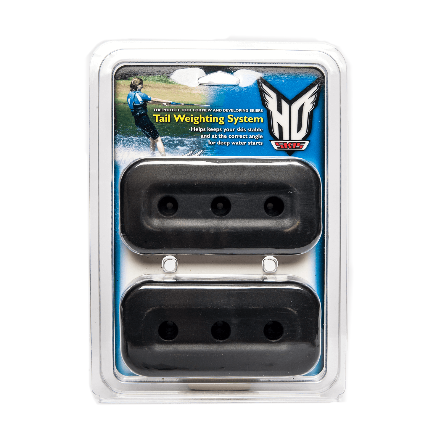 Front view of the Tail Weighting System in clear packaging with two black weights and an HO Skis logo.