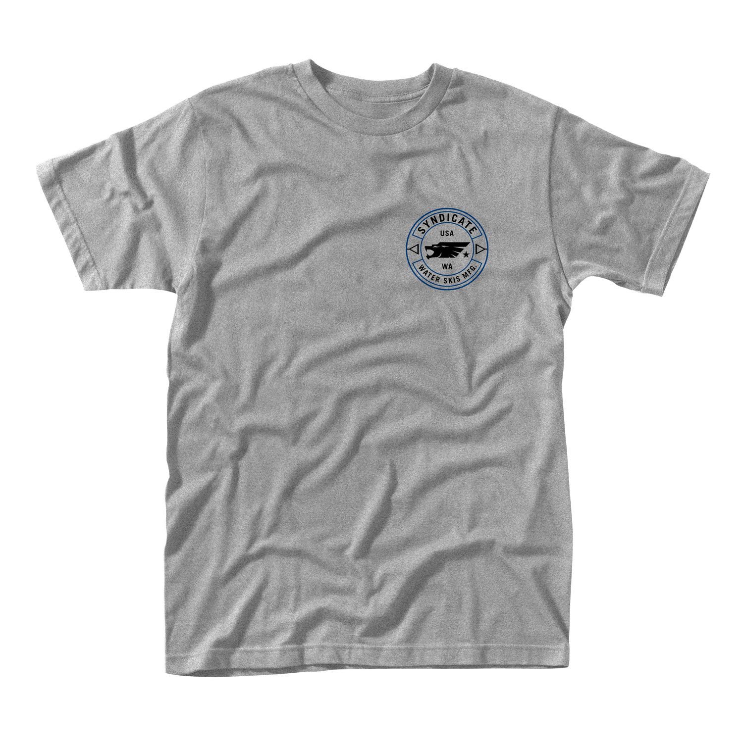 Front view of the Turn T-Shirt Grey, a heather grey short-sleeve tee with a small Syndicate Water Skis logo on the chest.