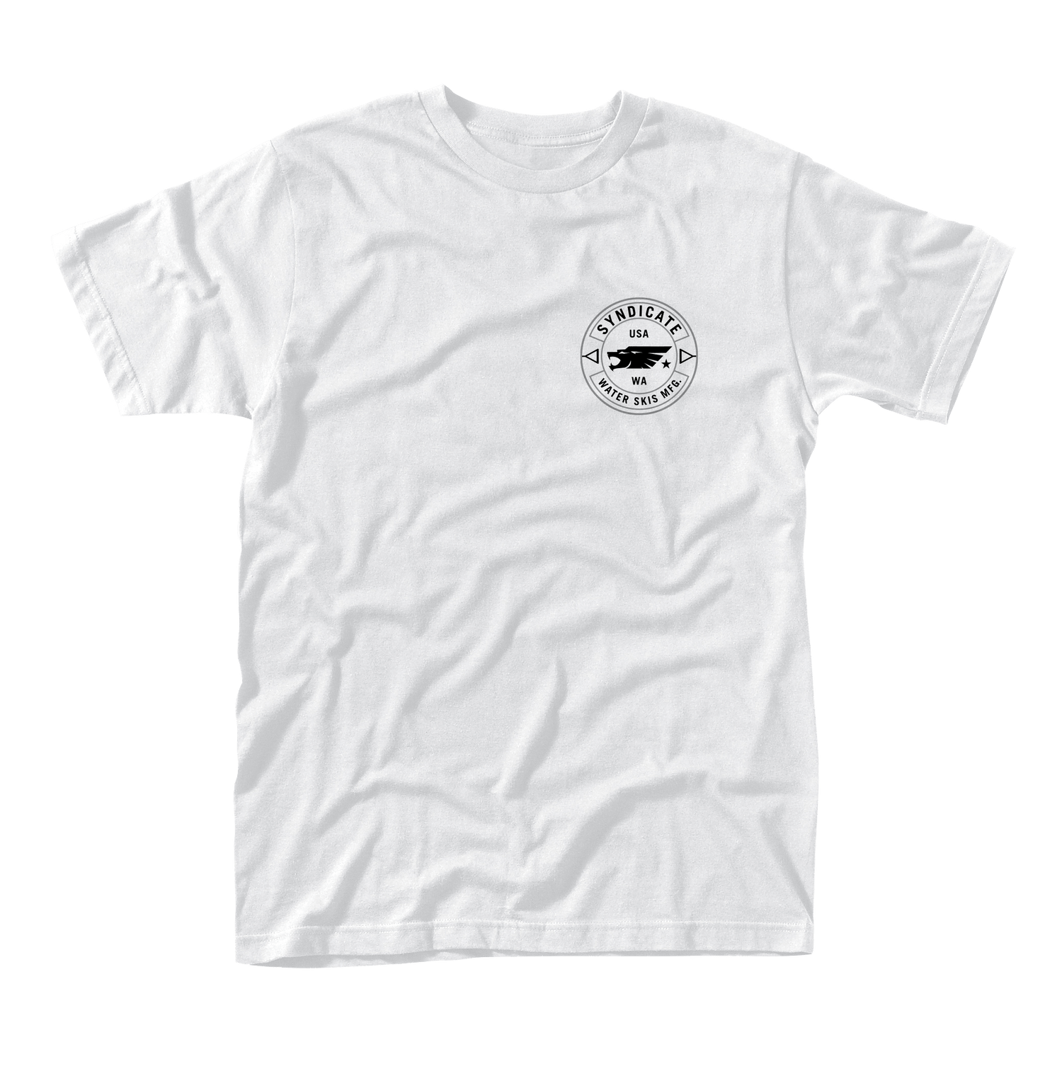 Front view of the Turn T-Shirt White, a white grey short-sleeve tee with a small Syndicate Water Skis logo on the chest.