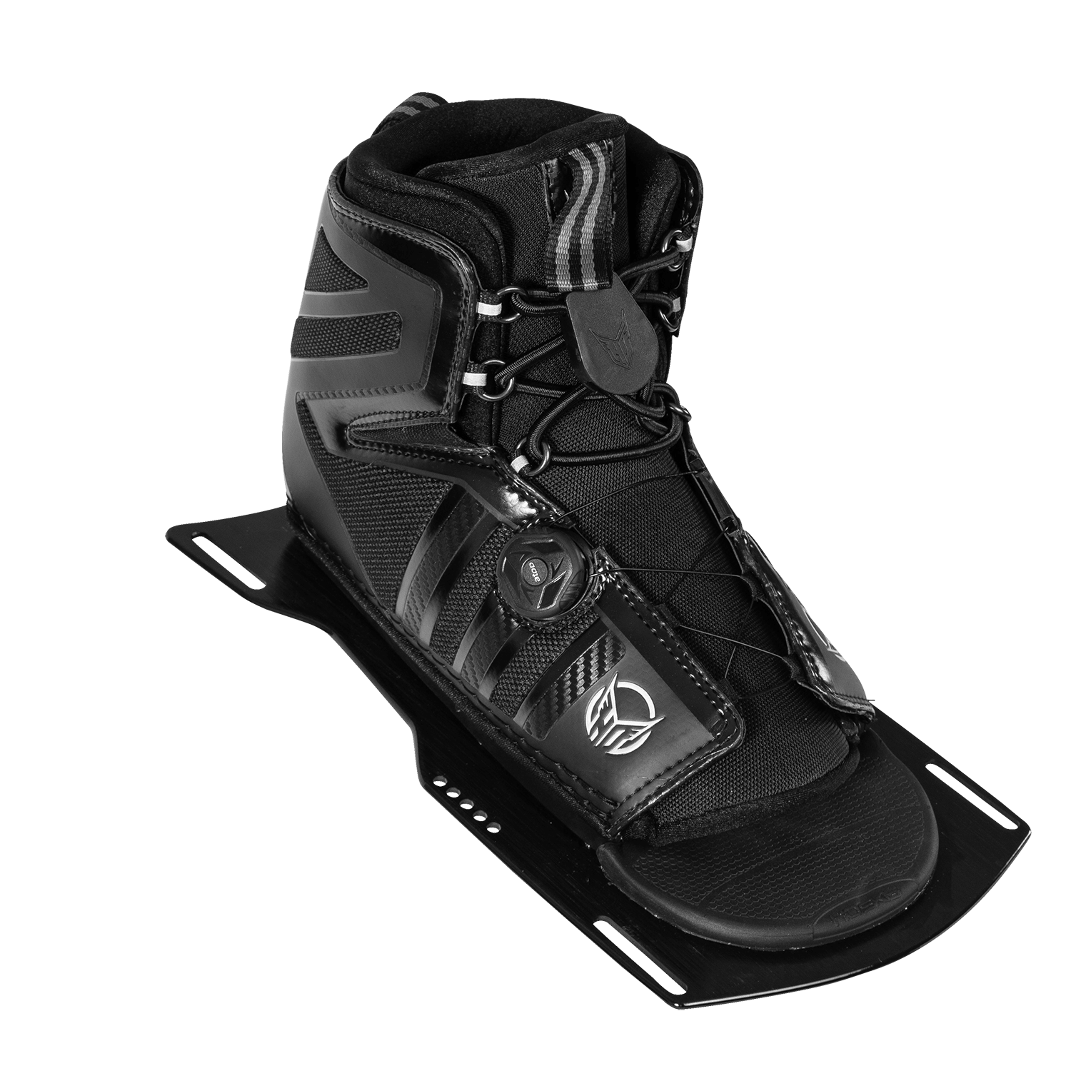 Angled top view of the black Stance 130 Front w/ ATOP boot, highlighting its padded liner, pull tabs, and dial closure.