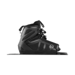 Side view of the Stance 130 Rear waterski boot in black, with textured panels, a lace-up closure, and a sturdy baseplate.