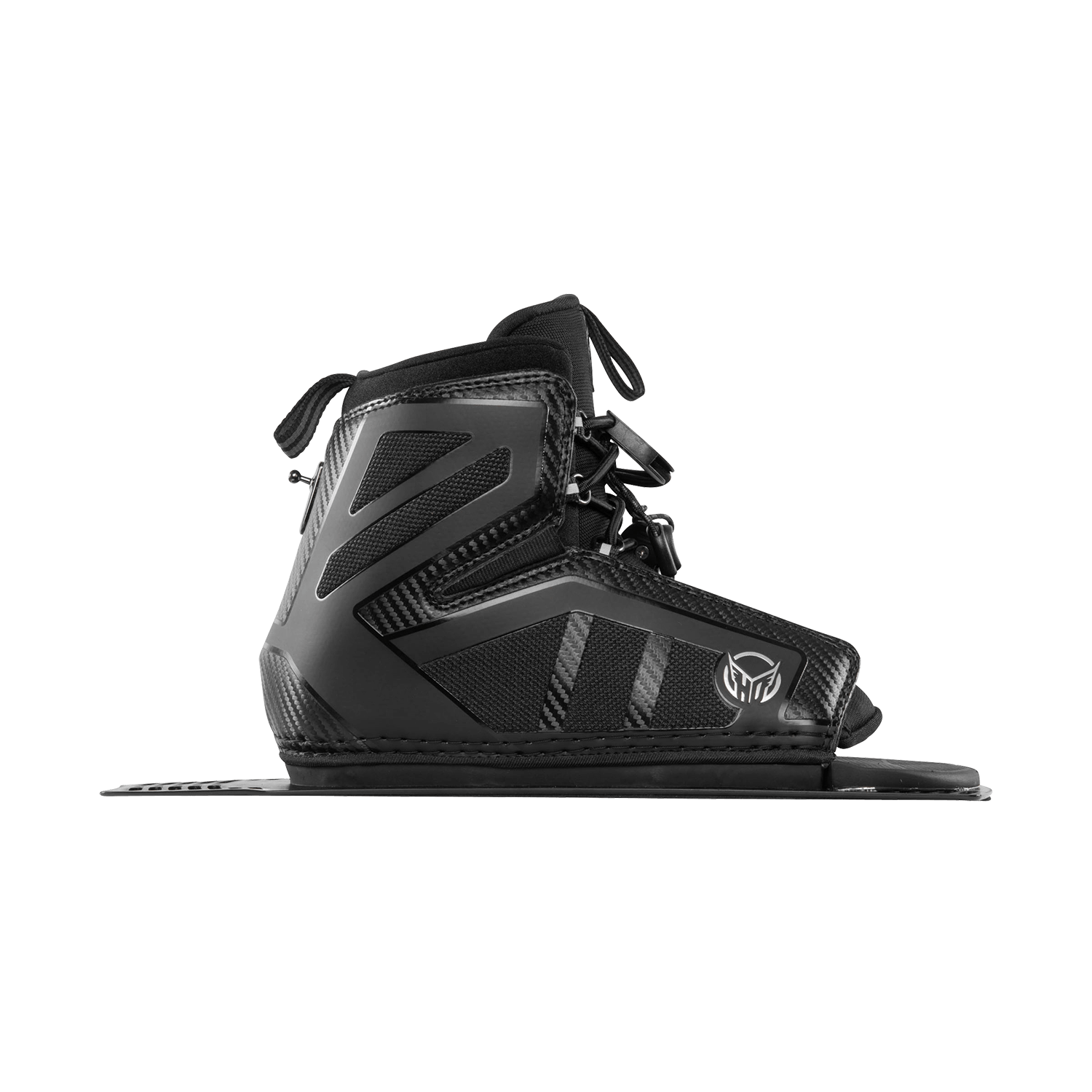 Side view of the Stance 130 Rear waterski boot in black, with textured panels, a lace-up closure, and a sturdy baseplate.