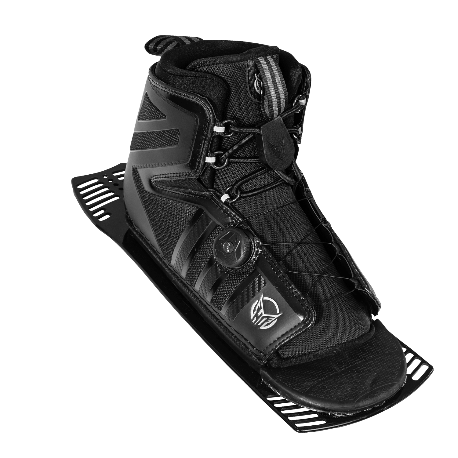 Top-angled view of Stance 130 Rear w/ ATOP boot in black with a lace-up closure, ATOP dial system, and reinforced structure.