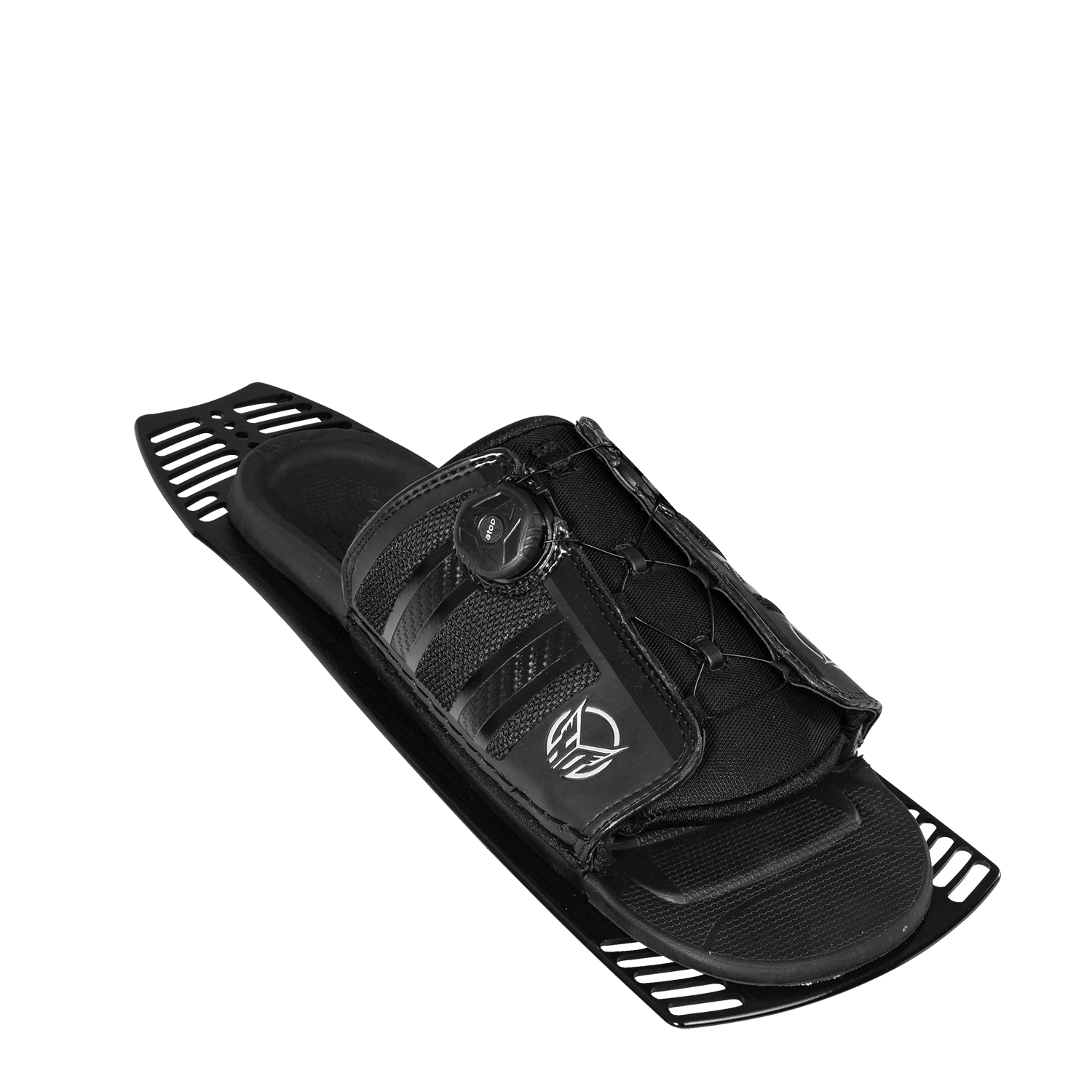 Angled view of Stance ARTP waterski boot in black with an open-toe design, ATOP dial system, and reinforced side panels.