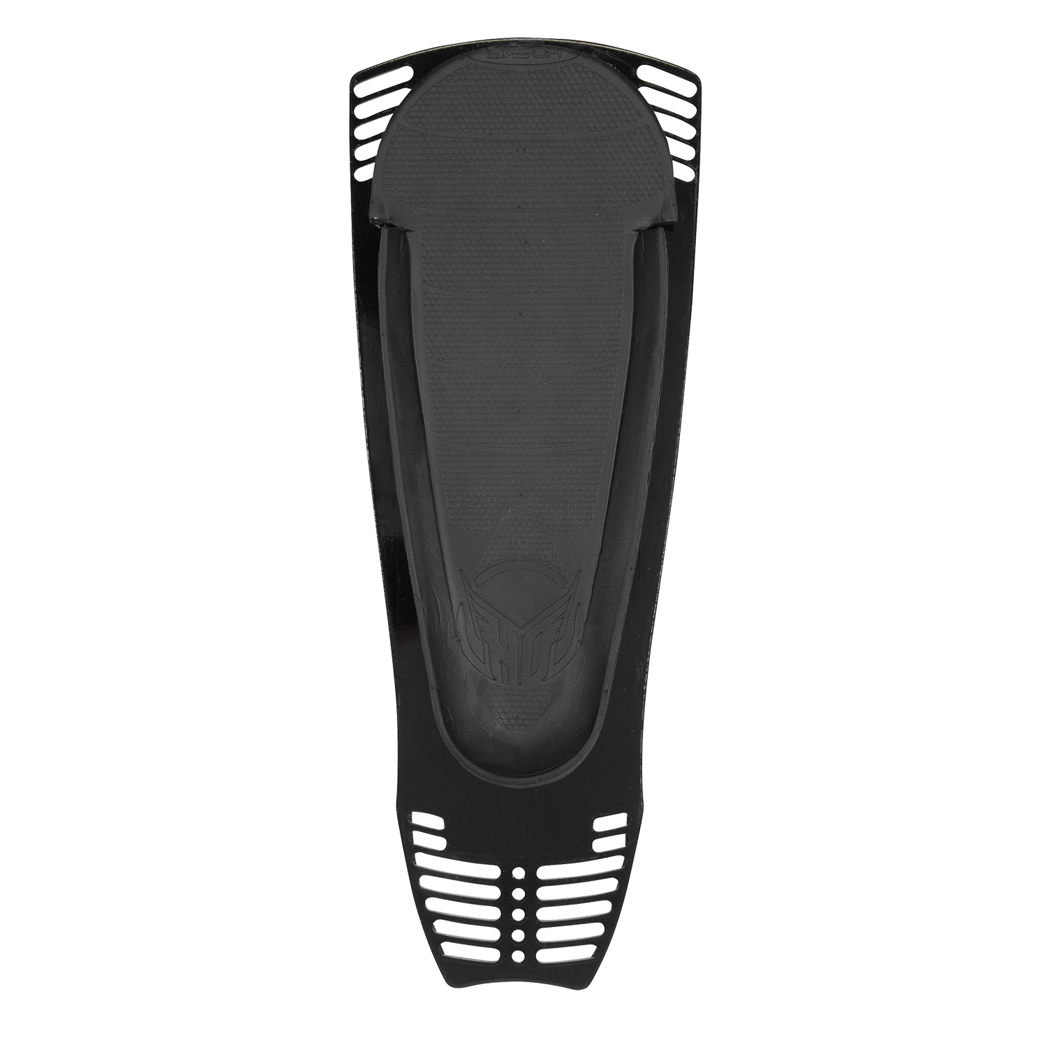 Top view of the black Stance Boot Rear Plate w/ Footbed, showcasing its contoured footbed and vented mounting plate.