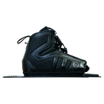 Side view of Stance 130 Rear waterski boot in black with a supportive high cuff, durable materials, and a mounting plate.