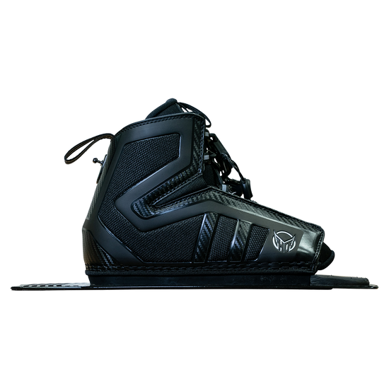 Side view of Stance 130 Rear waterski boot in black with a supportive high cuff, durable materials, and a mounting plate.