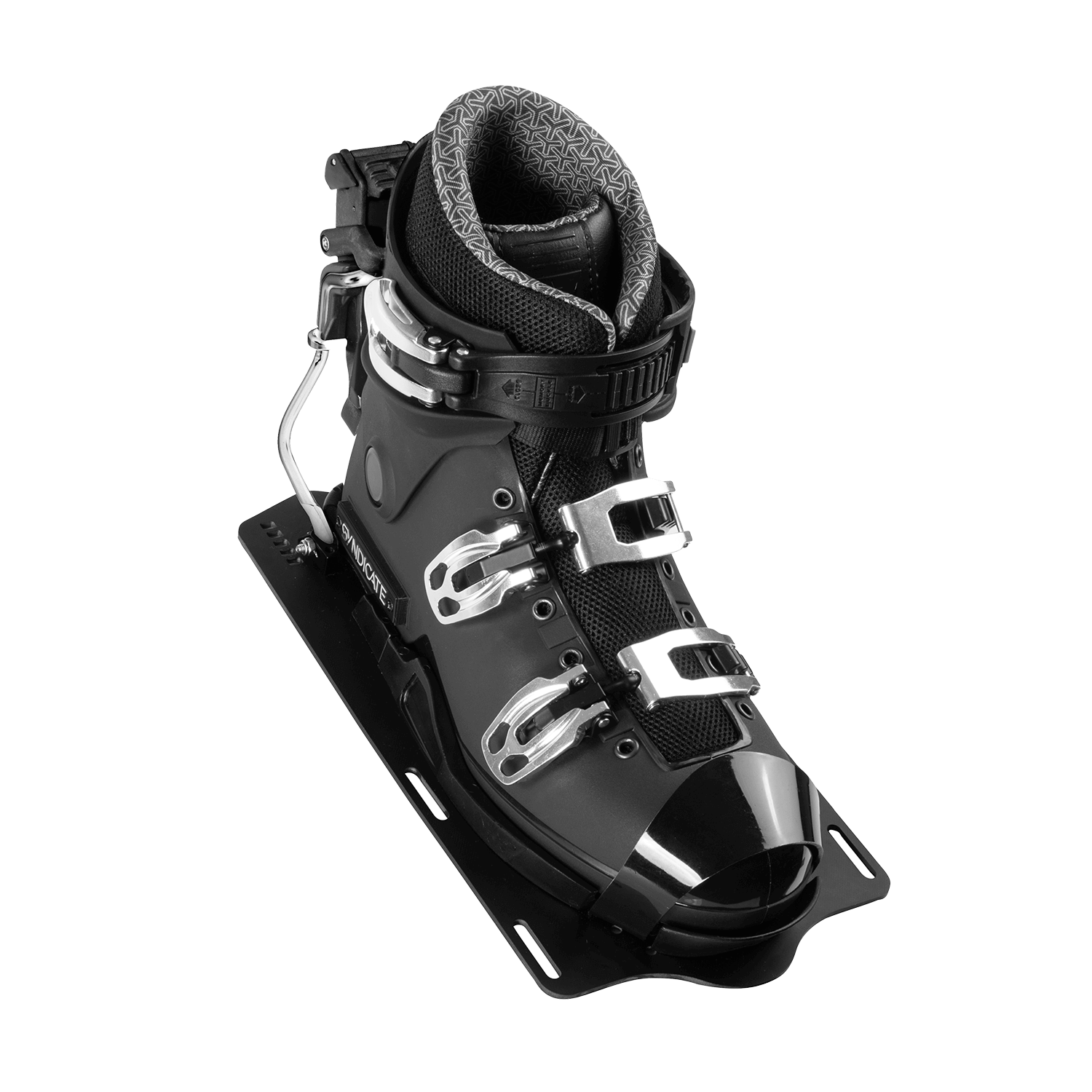 Angled view of the black Syndicate Hardshell boot with silver buckles and a cushioned liner on a mounting plate.