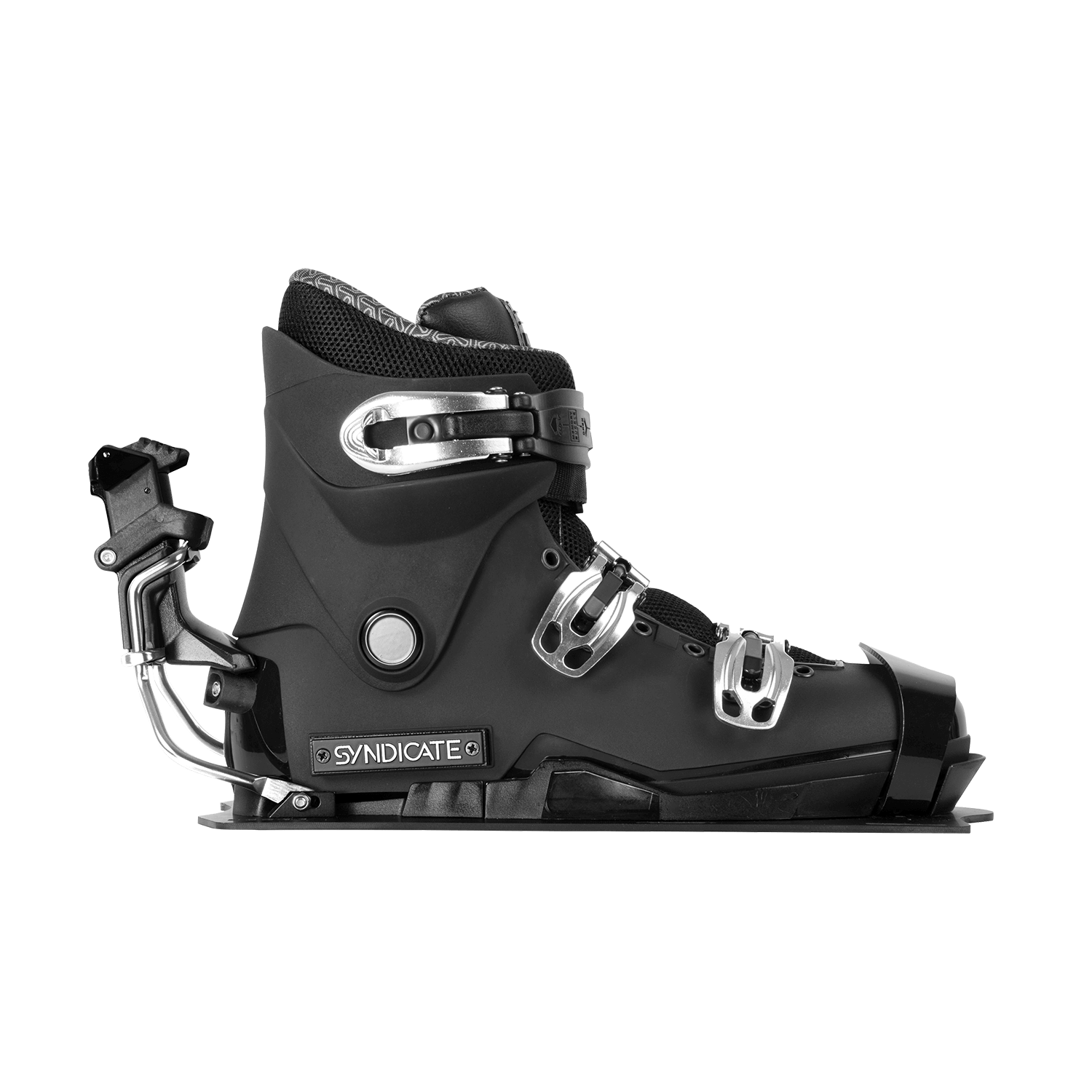 Left-side view of the black Syndicate Hardshell boot with Syndicate branding, silver buckles, and a heel release system.