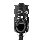 Top view of the black Syndicate Hardshell boot, showing the cushioned liner, silver buckles, and mounting plate.