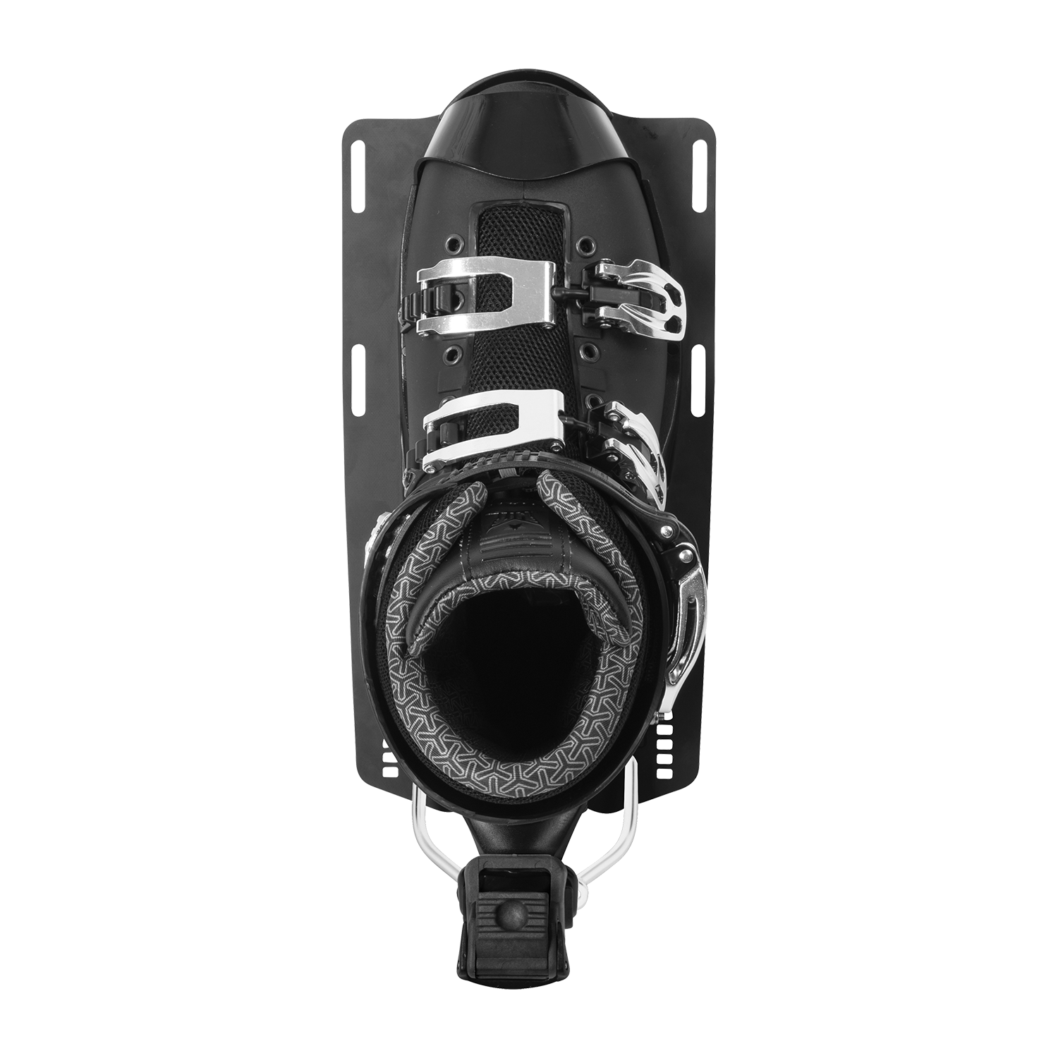 Top view of the black Syndicate Hardshell boot, showing the cushioned liner, silver buckles, and mounting plate.