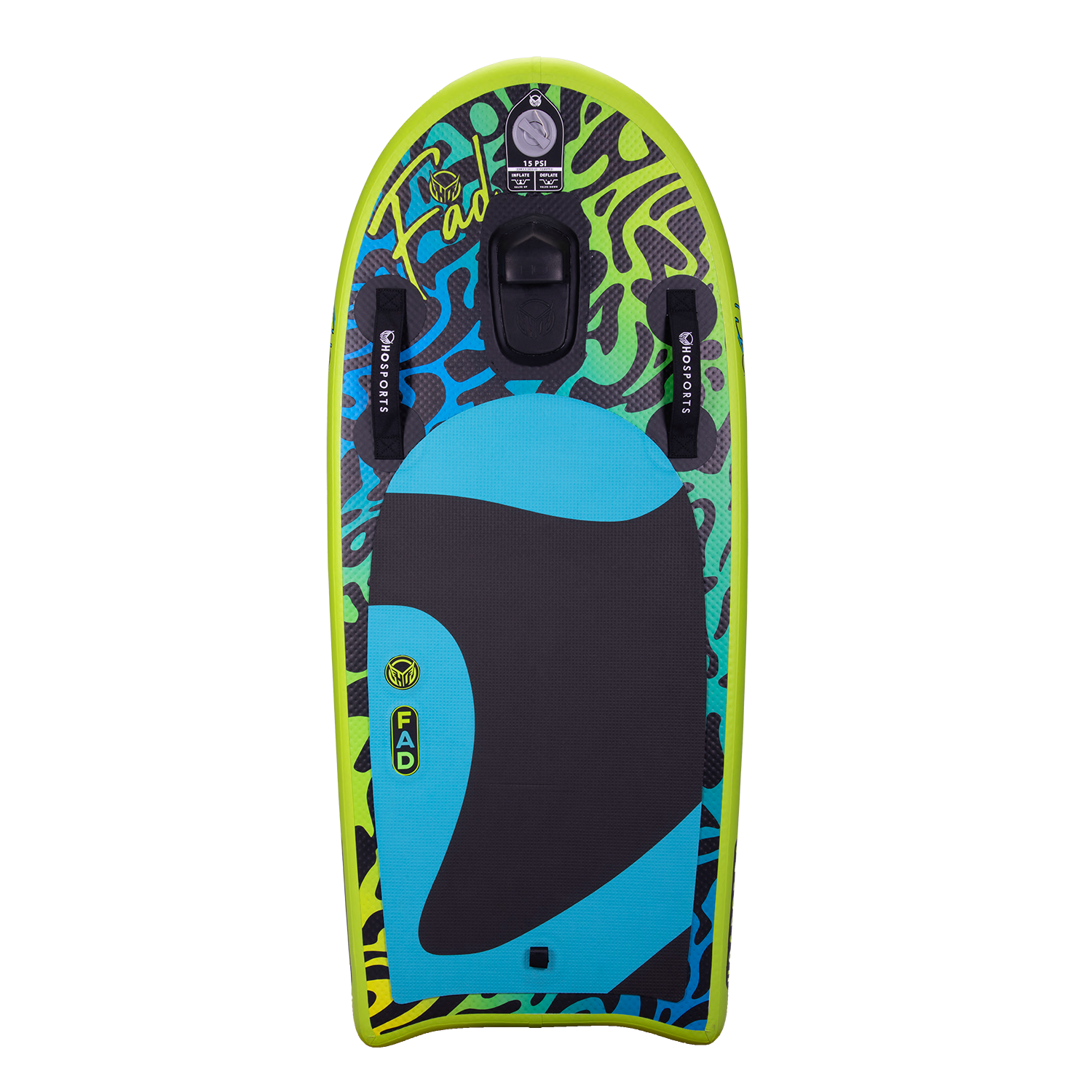 Top view of the FAD 4.5 board with a vibrant blue and green design, black traction pad, and foot strap.