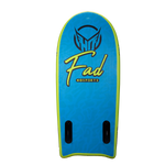 Bottom view of the FAD 4.5 board featuring a blue surface with "FAD" and "HO Sports" branding, and two black fins.