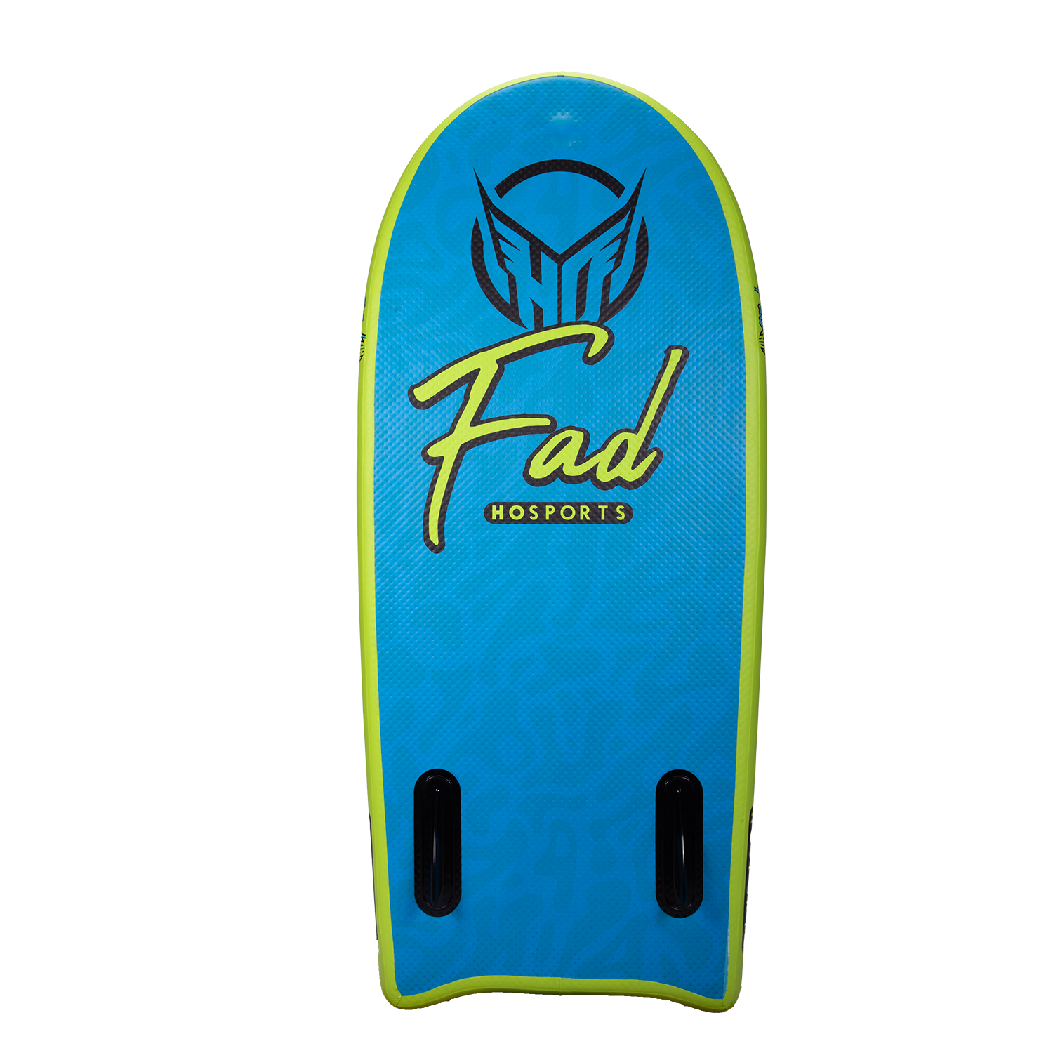 Bottom view of the FAD 4.5 board featuring a blue surface with "FAD" and "HO Sports" branding, and two black fins.