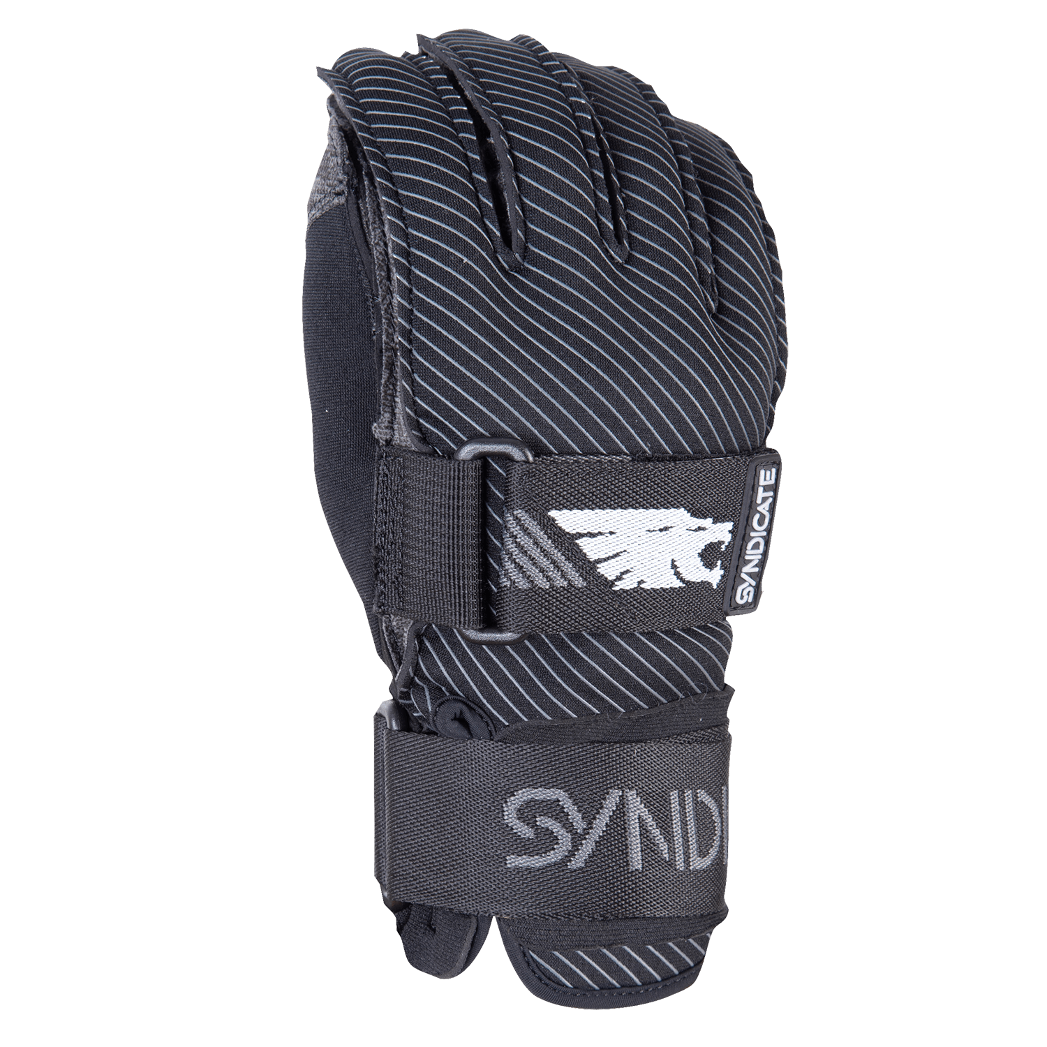 Front view of the 41 Tail Inside Out featuring a black and gray design, diagonal stripes, a wrist strap, and Syndicate logo.