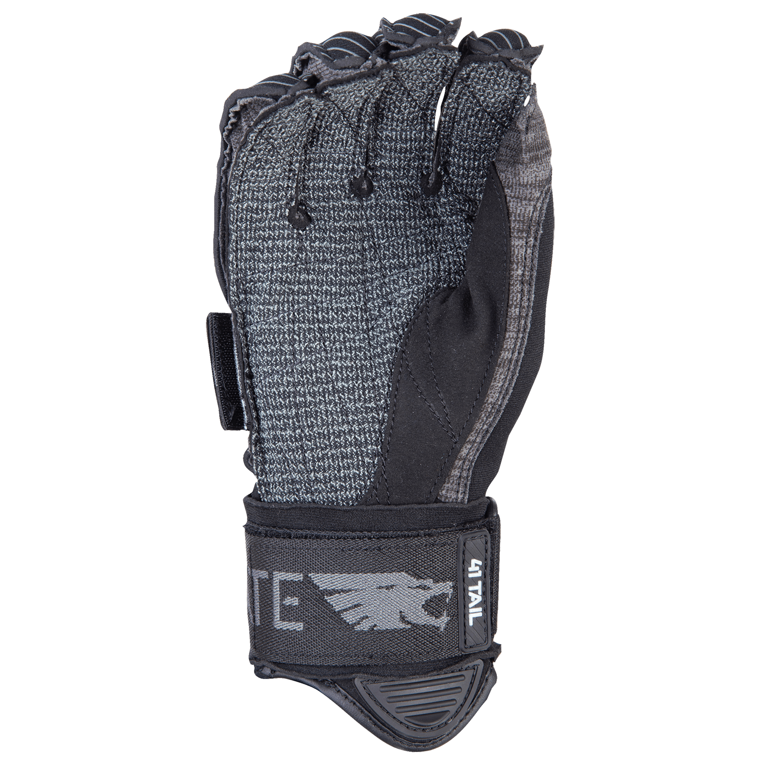 Palm view of the 41 Tail Inside Out with textured grip, gray and black stitching, reinforced palm, and open finger gussets.