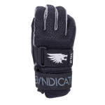 Top view of the black Syndicate 41 Tail glove with a geometric pattern, reinforced fingers, and bold white logo on the strap.