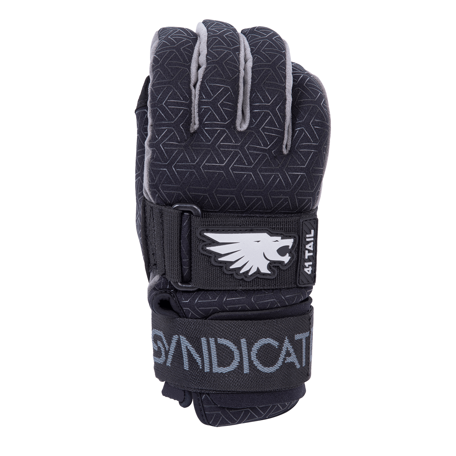 Top view of the black Syndicate 41 Tail glove with a geometric pattern, reinforced fingers, and bold white logo on the strap.