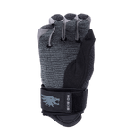 Palm view of the black and gray Syndicate 41 Tail glove, with textured fabric, padded knuckles, and adjustable wrist strap.