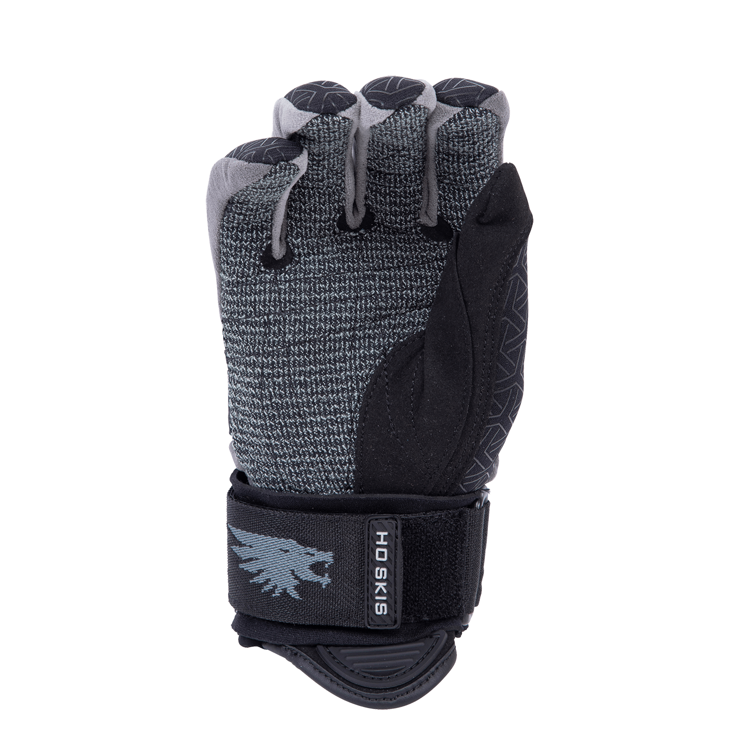 Palm view of the black and gray Syndicate 41 Tail glove, with textured fabric, padded knuckles, and adjustable wrist strap.