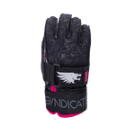 Front view of the Syndicate Angel Inside Out glove, with black floral pattern, pink logo details, and adjustable wrist strap.