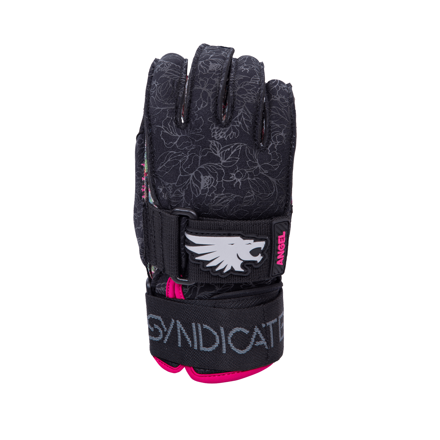 Front view of the Syndicate Angel Inside Out glove, with black floral pattern, pink logo details, and adjustable wrist strap.