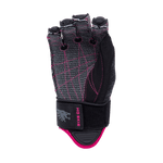 Palm view of Syndicate Angel Inside Out glove, showing gray with pink stitching, reinforced fingers, and black wrist strap.