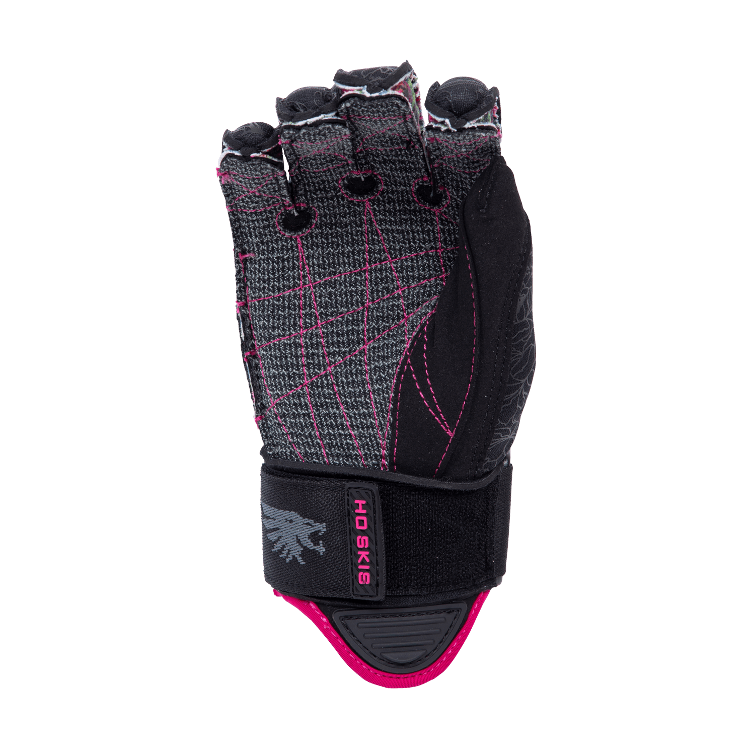 Palm view of Syndicate Angel Inside Out glove, showing gray with pink stitching, reinforced fingers, and black wrist strap.