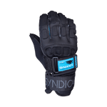 Top view of Syndicate Legend Inside Out glove with black padded knuckles, blue Syndicate logo patch, and adjustable strap.