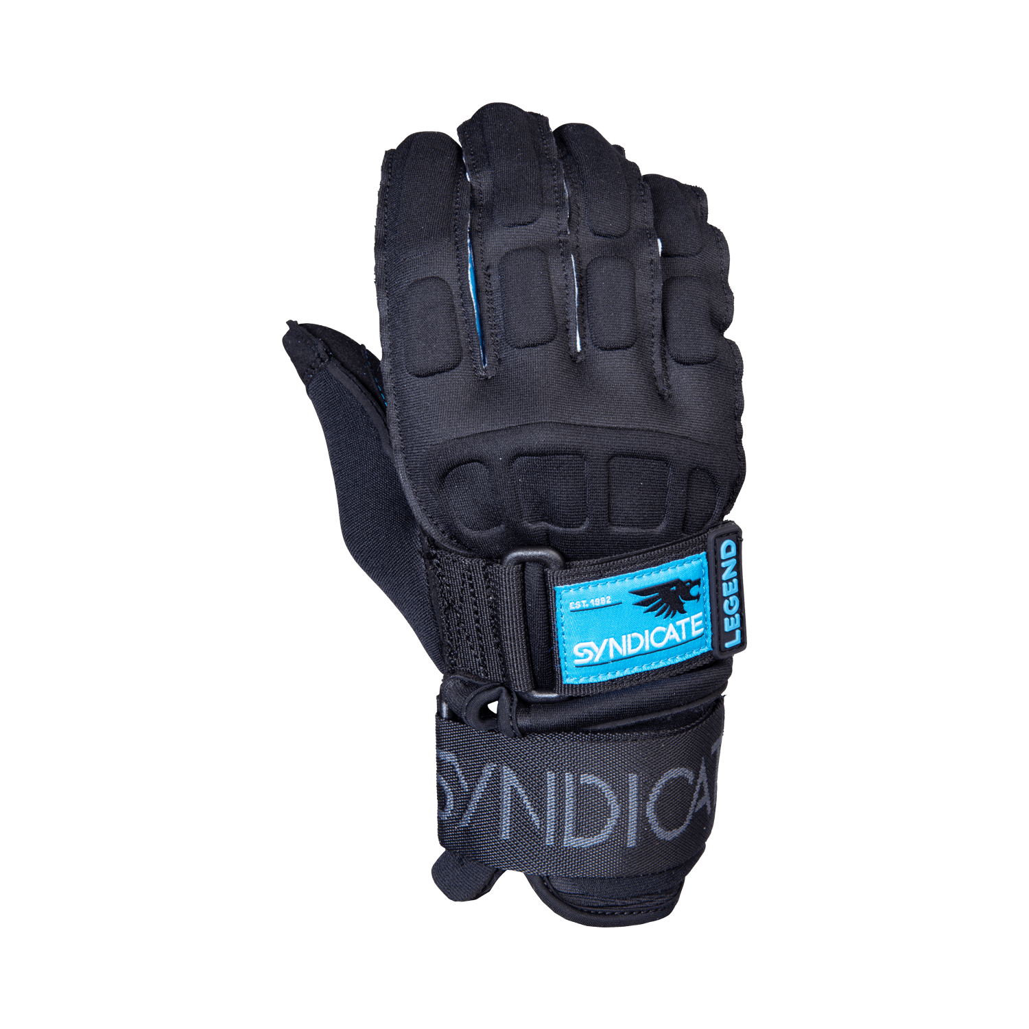 Top view of Syndicate Legend Inside Out glove with black padded knuckles, blue Syndicate logo patch, and adjustable strap.