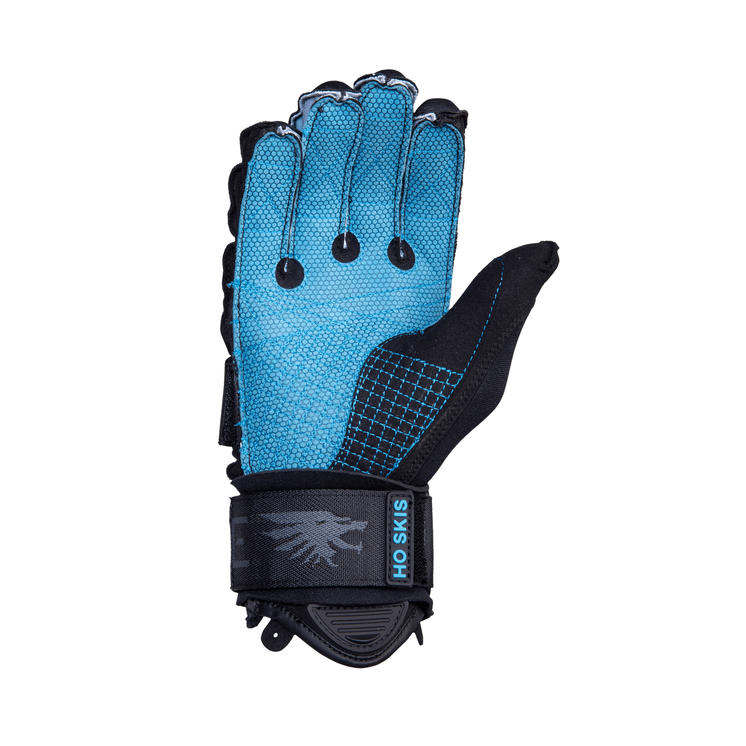 Palm view of Syndicate Legend Inside Out glove showing a blue grip surface with reinforced stitching and black finger loops.