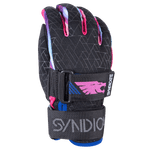 Front view of the Syndicate Angel glove with a geometric black pattern, pink logo details, and an adjustable wrist strap.