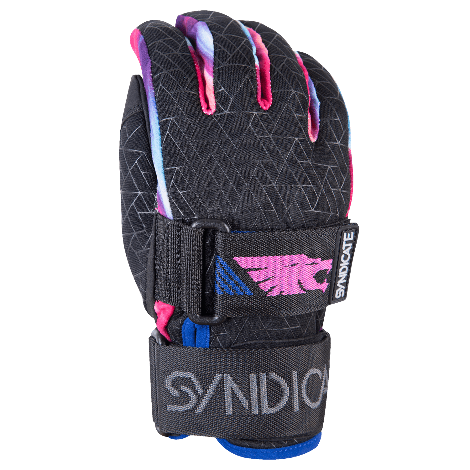 Front view of the Syndicate Angel glove with a geometric black pattern, pink logo details, and an adjustable wrist strap.