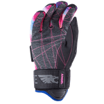 Palm view of the Syndicate Angel glove, featuring a black and gray textured palm, pink stitching, and tie-dye fingertips.