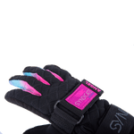 Angled view of the Syndicate Angel glove, showcasing black quilted fabric, pink logo accents, and a tie-dye finger design.