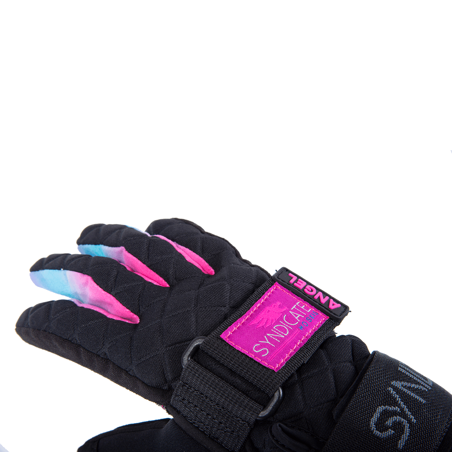 Angled view of the Syndicate Angel glove, showcasing black quilted fabric, pink logo accents, and a tie-dye finger design.