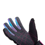 Angled view of the Syndicate Angel glove’s open palm, showing the textured grip, pink stitching, and colorful fingertips.