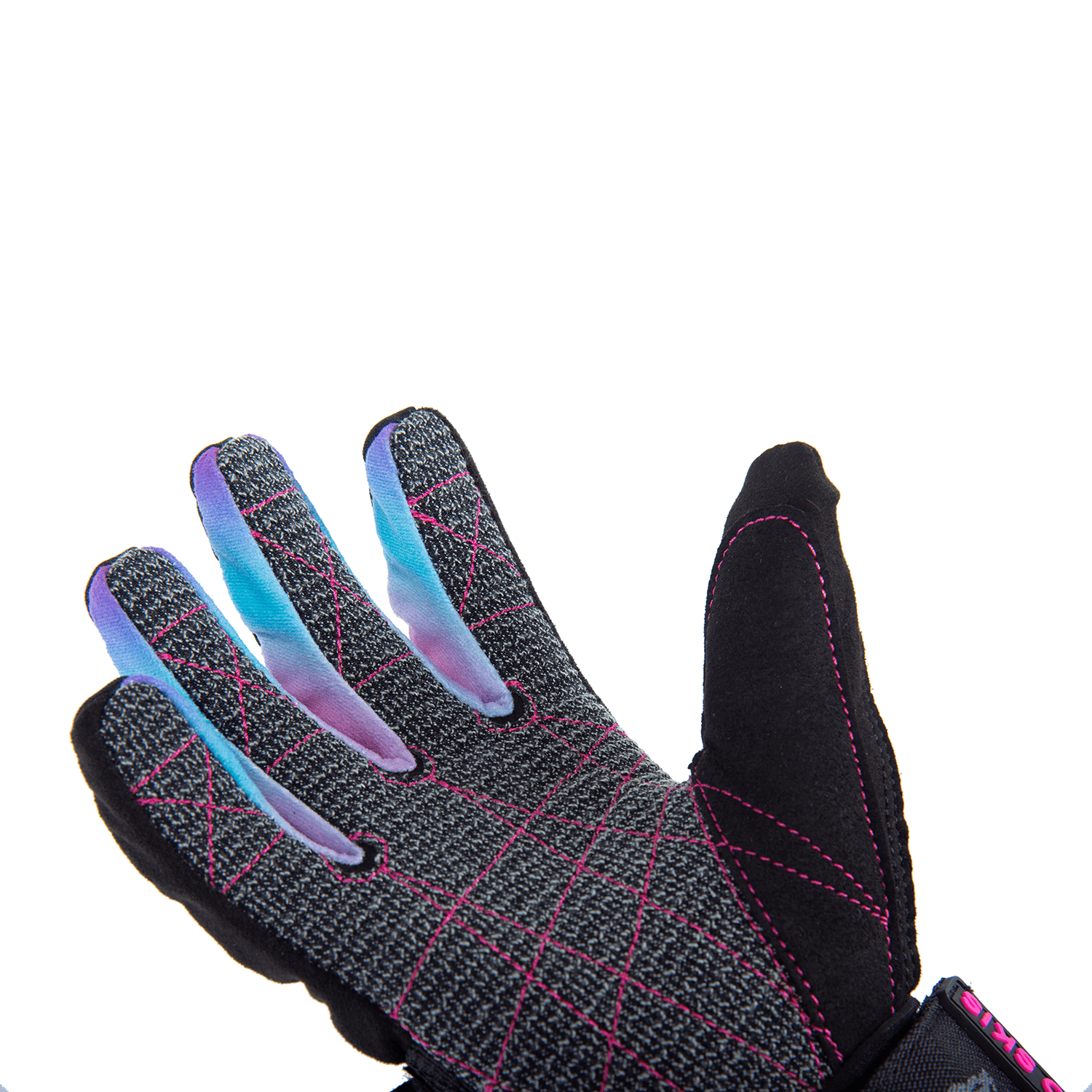 Angled view of the Syndicate Angel glove’s open palm, showing the textured grip, pink stitching, and colorful fingertips.