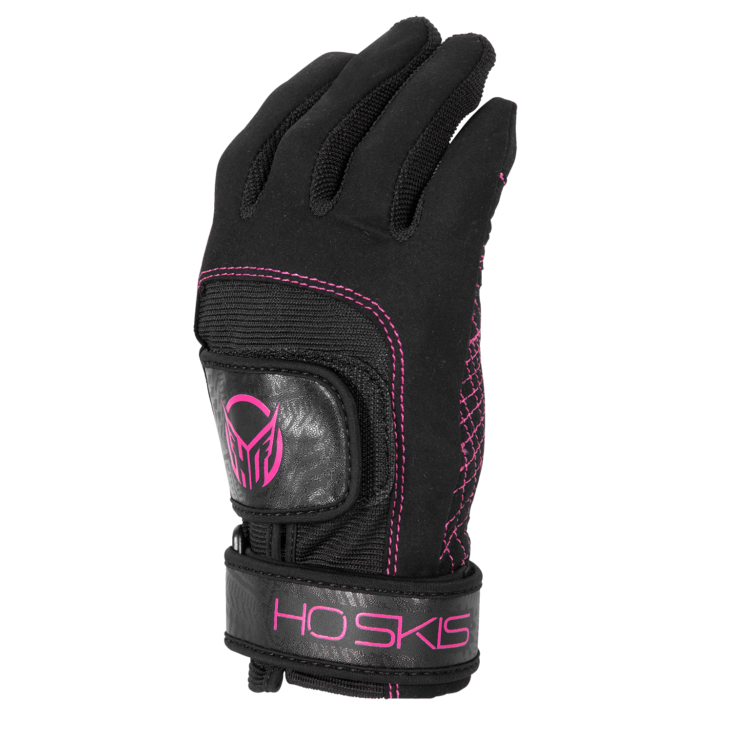 Side view of Women's Pro Grip glove with pink detailing, a black wrist strap, and breathable mesh accents.